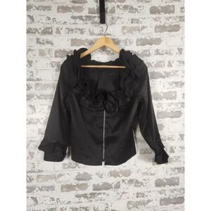 Chetta B Blouse Womens‎ Size Small Black Front Zip Ruffled V-Neck Elegant Glam
